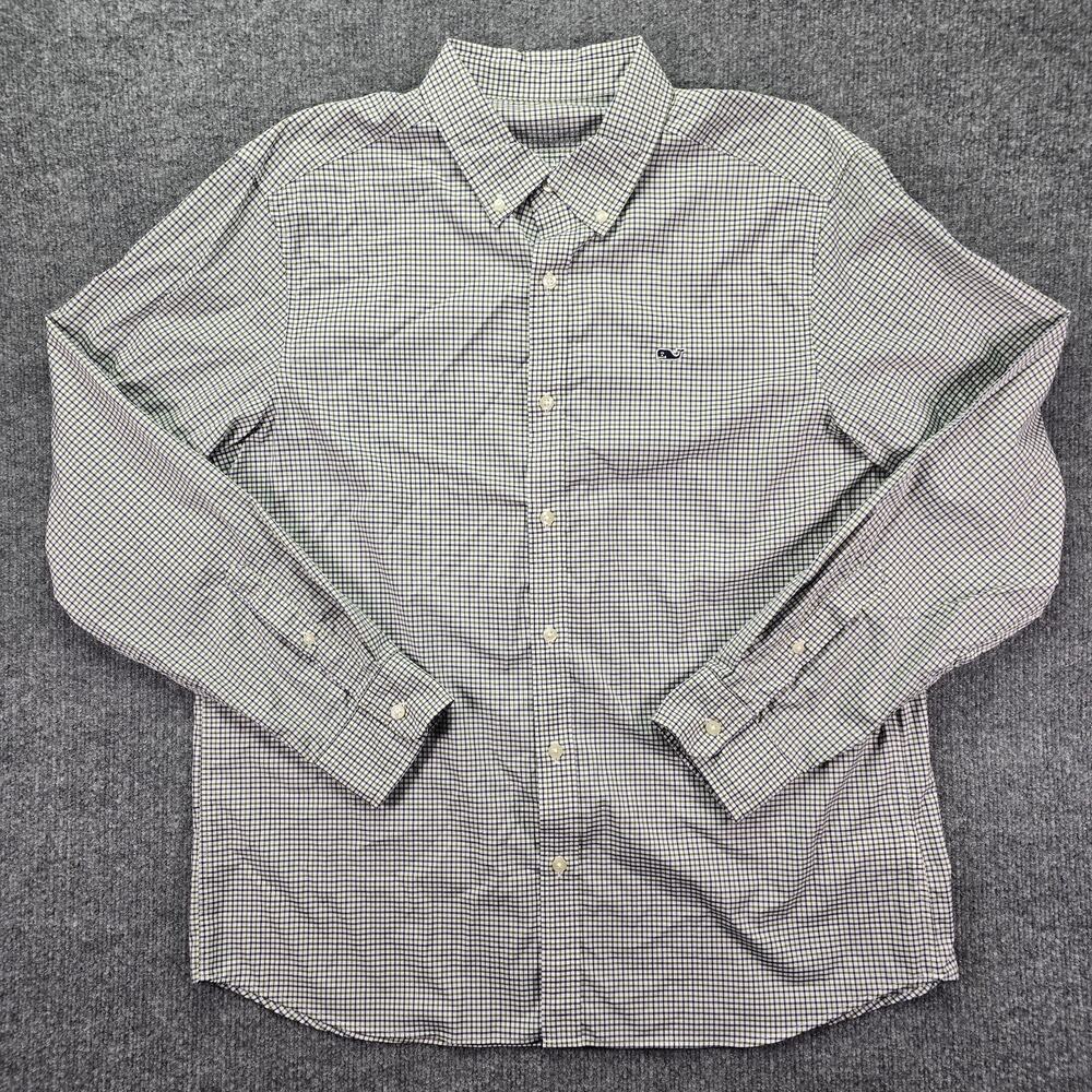 Vineyard Vines Performance Shirt Mens Large Green Blue Gingham Check Stretch